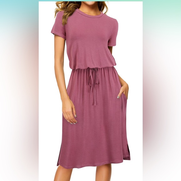 Womens Plain Solid Short Sleeve Casual Pockets Midi Dress with Belt Purple - Picture 5 of 9